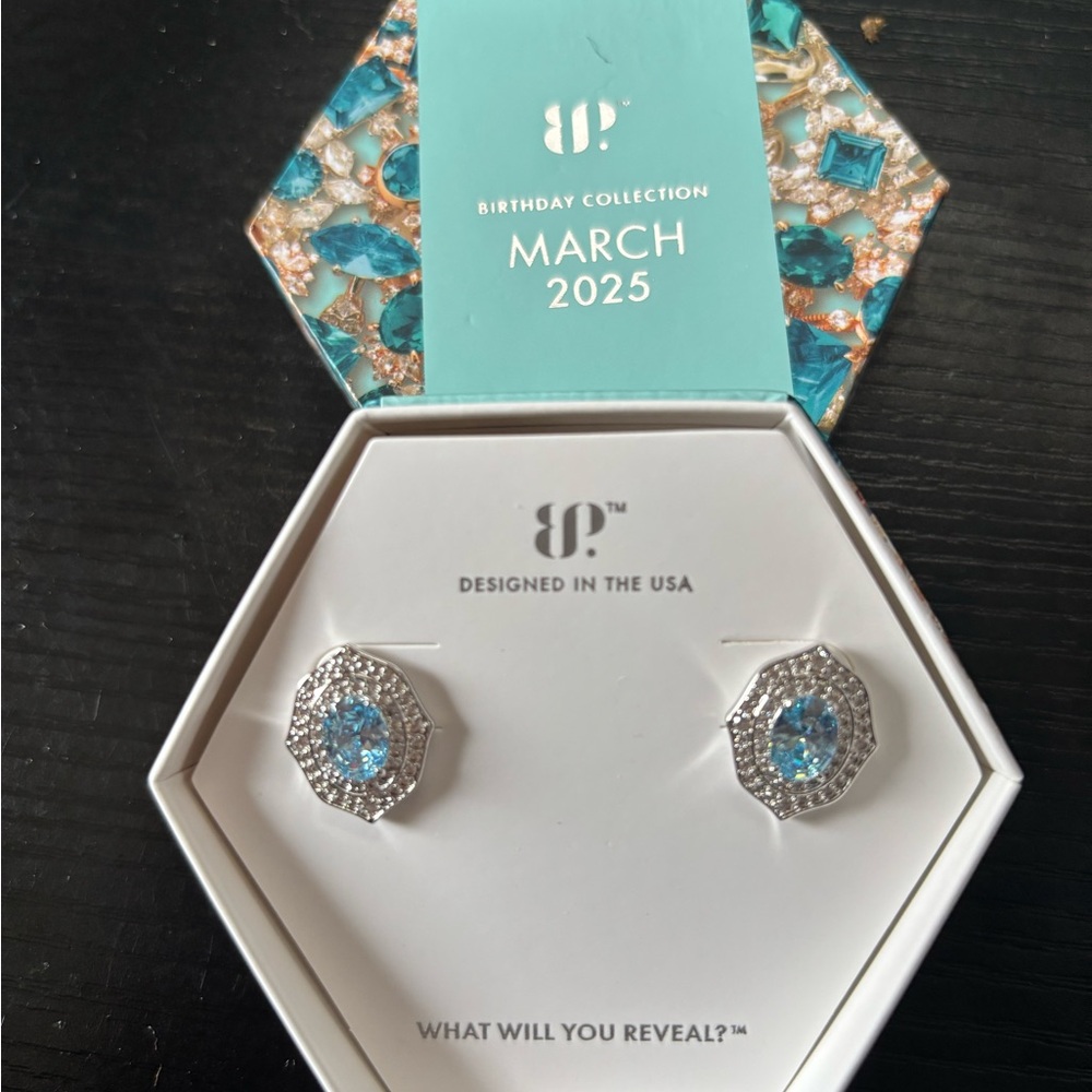 BP Silver and Blue Stud Earrings with Halo Design